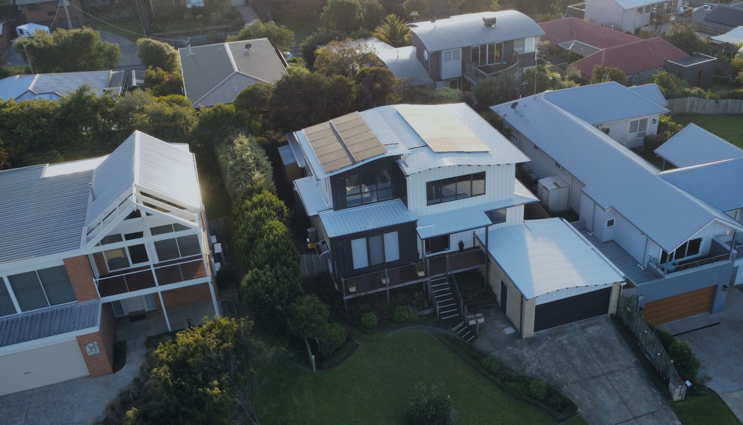 Aerial view of solar panels on homes across Geelong and Melbourne
